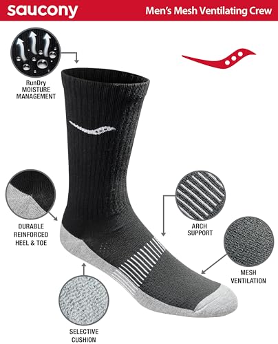 Image of Saucony Men's RunDry Mesh Ventilating Comfort Fit Performance Crew Socks, Available in L-XL (3, 6, 12 Pairs)