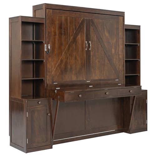 Image of Merax Queen Size Murphy Bed with Desk and LED Lights, Power Outlet, Foldable Murphy Cabinet Bed with Open Storage Shelves & Drawers, Wood Space-Saving Hidden Wall Bed for Guest Room, Dark-Brown