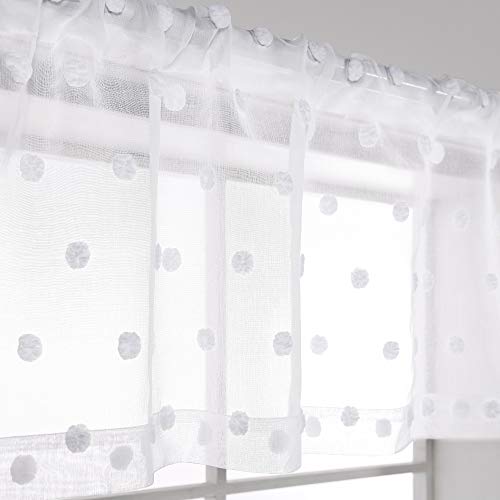 White Valances For Kitchen Rod Pocket Farmhouse Boho Country Decor Lace Pom Dot Design Pattern Textured Curtain Toppers Cute Sheer Valances For Windows Living Room Girls Bedroom Bathroom 18 Length #TOP1