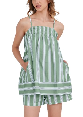 Image of calbatic Women 2 Piece Lounge Set Striped Summer Pajama Set Sleeveless Peplum Cami Top and Wide Leg Shorts Set Beachwear