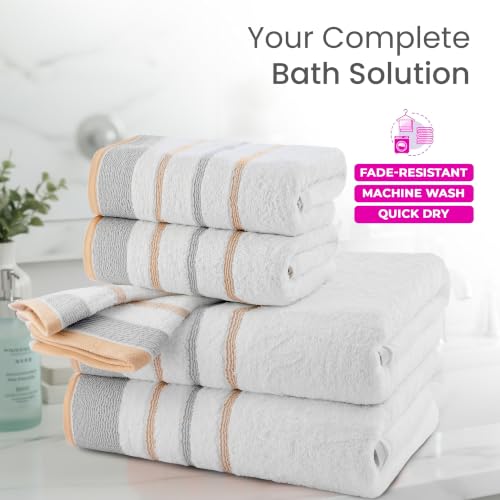 Image of Casa Copenhagen, Germany Design - White Bay Super Soft Collection 100% Cotton 6 Piece Towel Set, Includes 2 Bath Towels 2 Hand Towels 2 Washcloths - Grey & Beige