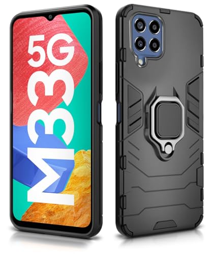 Image of WOW IMAGINE Shock Proof Back Case Mobile Cover for Samsung Galaxy M33 5G | Back Cover Case (Tough Armor | Hybrid PC + TPU | Ring Holder & in-Built Kickstand | Black)