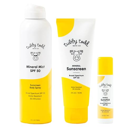 Image of Tubby Todd Face and Body Mineral Protection Sunscreen Kit for Baby, Toddler and Kids - The Sun Bundle - Sunscreen Lotion 4 Fl Oz, Sunscreen Spray 6 Fl Oz and Sunstick 0.5 Oz - Fragrance-Free