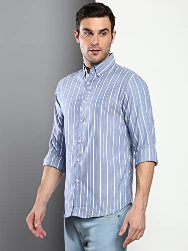 Image of Dennis Lingo Men's Striped Slim Fit Oxford Cotton Casual Shirt with Button Down Collar & Full Sleeves