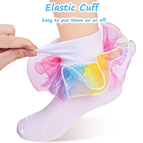 4 Pairs Toddler Girls Big Ruffle Rainbow Socks Double Lace Sock Turn Cuff Shimmering Frilly Dress for Infant Kids 1-10 Years3