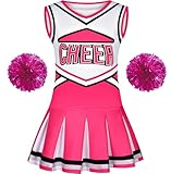 SIZGAROOT Cheerleader Costume for Girls Cheerleading Outfit with Pom Poms Halloween Party Dress Up (Pink, 9-10 Years)