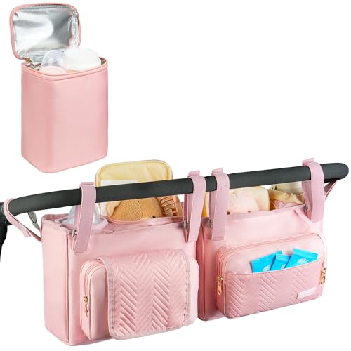 Image of ZIOZERTT Double Stroller Caddy Compatible with Bob Duallie,Baby Jogger City Mini Gt2 and Zoe Twin V2,Double Stroller Parent Console with Cooler Bag and Cup Holder,Pink
