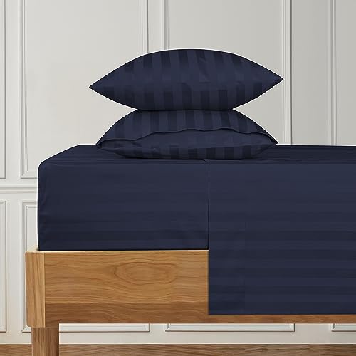 URBANHUT 1000 Thread Count Pure Cotton Striped Queen Sheets Set (4 Pc) - Ultra Soft & Smooth, Sateen Weave Sheets for Queen Size Bed, Luxury Hotel Sheets with 16" Deep Pocket - Navy Blue