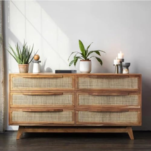 Image of Goku Rattan Chest of Drawer for Home & Office | Cane Storage Unit with 6 Drawer |Mango Wood,| Natural Finish |