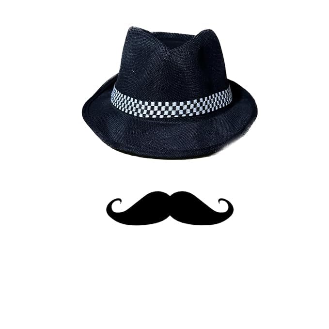 Seth Associate Bhagat Singh Dress Up Hat and Moustache Set for Kids | Costume Accessory, Includes Moustache, Kids Fancy Dress, Black Fedora Hat, Checkered Band-image-10