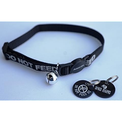 DO NOT FEED REFLECTIVE SAFETY CAT COLLAR BLACK & PERSONALISED TAG WITH FISH BONE MOTIF Cover