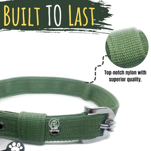 Image of PawPro Personalized Dog Collar with Name Tag, Soft Nylon Pet Collar with Custom Bone Shape ID Tag, Adjustable Dog Neck Belt with Stainless Steel Buckle for Small, Medium & Large Dogs (Olive, Large)