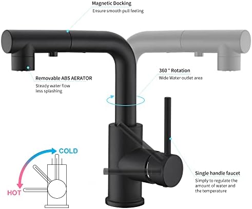 CREA Kitchen Tap with 3 Function Sprayer, Pull Out Kitchen Mixer Tap, 360° Swivel Kitchen Sink Tap, Single Handle Sink Tap for Bathroom or Kitchen, Matt Black