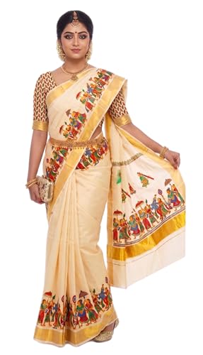 Image of Women's Mural Printed Kerala Gold Tissue Saree with Running Blouse Piece | Traditional South Indian Ethnic Saree for Festivals, Weddings & Special Occasions