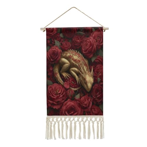 Jubonexis Arazzo da parete in lino, drago dorato che dorme nel campo di rose, poster vintage da parete con nappe e asta in legno