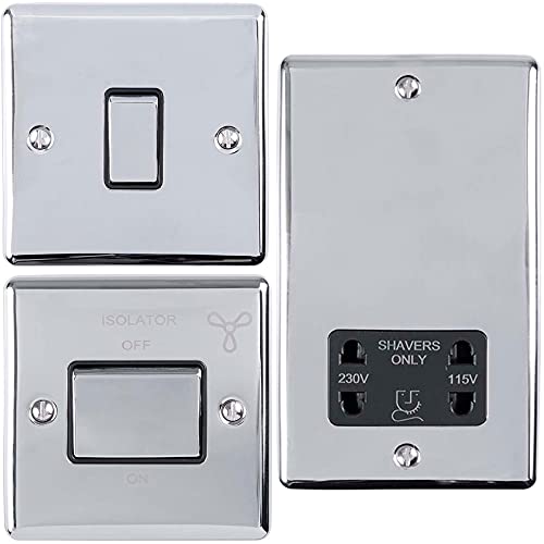 CHROME Bathroom Switch & Socket Set - 1x Single Light Switch | 1x 6A Extractor Fan Isolator Switch | 1x 2 Gang 230V/115V Twin Shaver Socket - Mains Shower/Wet Room
