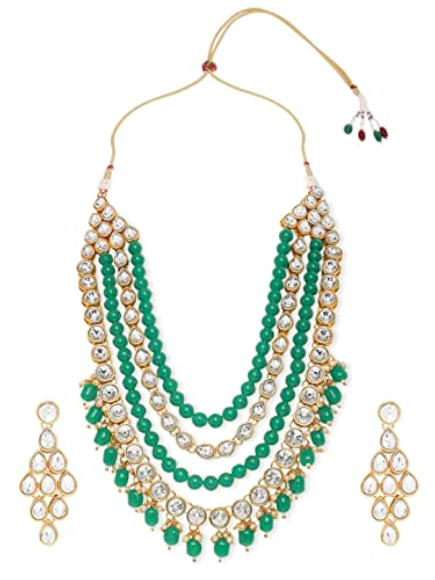 Green Beads & Kundan Multi Layer Ethnic Mala Necklace Set with Drop Earrings