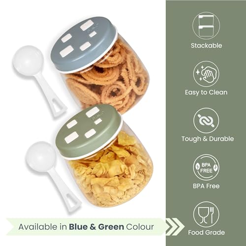 Image of FLAIR Cubics Airtight Food Storage Containers Set of 3 (1000ml each) with Spoon - Blue, BPA-Free, PET Plastic Jars, Space-Saving for Pantry, Snacks
