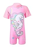 YOOJIA Kinder Jungen Mädchen Athletic Badeanzug Kurzarm Schwimmanzug Bademode Neoprenanzug Badebekleidung mit Badekappe Rosa C 122-128