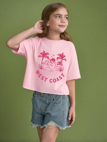 Image of Girls Athletic Oversized Crop Tops Kids Drop Shoulder Short Sleeve T Shirts Workout Tees 5-14 Years