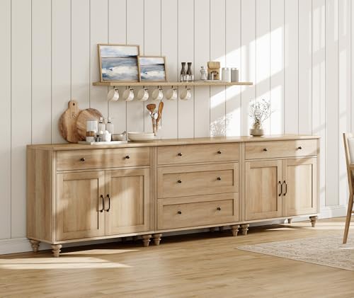 WAMPAT Buffet Cabinet with 5 Drawers and 4 Doors, Vintage Wood Grain Design, Farmhouse Coffee Bar with Storage, Morden Sideboard Cabinet for Dinning Room, Kitchen, and Living Room, 101 inch, Oak