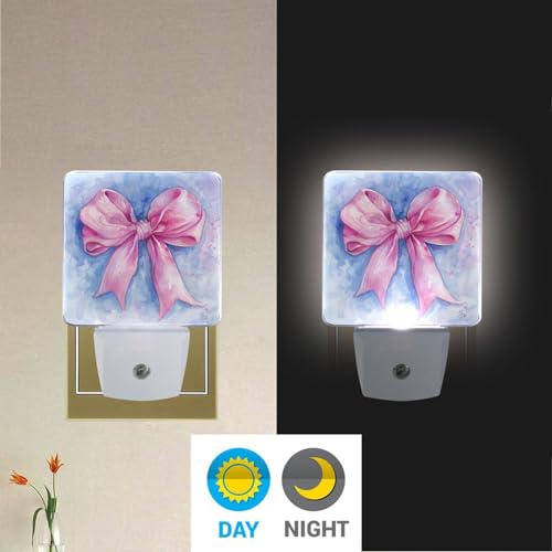 Image of Pink Bow Watercolor Night Lights 2 Pack Plug-in Wall Led Nightlight Auto Dusk-to-Dawn Sensor Lamps for Bedroom Kitchen Bathroom