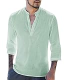 Gemijacka Herren Leinenhemd Henley Freizeithemd 3/4 Ärmellänge & Kurzarm Regular Fit Kragenloses Shirt, Hellgrün, XXL
