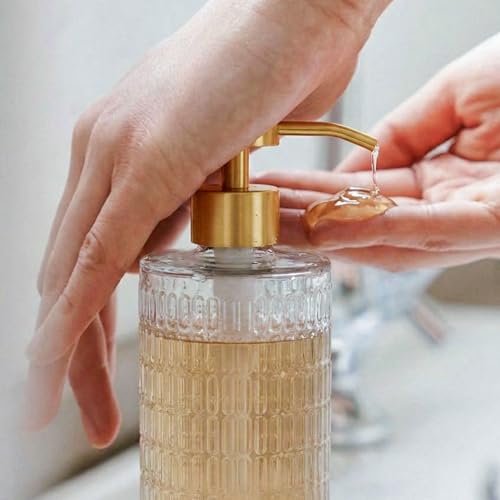 Image of Fluted Glass Hand Soap Dispenser with Gold Pump for Bathroom, 17oz | Vintage Art Deco Reeded Glass, Refillable Clear Ribbed Bottle, Rust-Proof Gold Finish Pump, for Kitchen Countertop