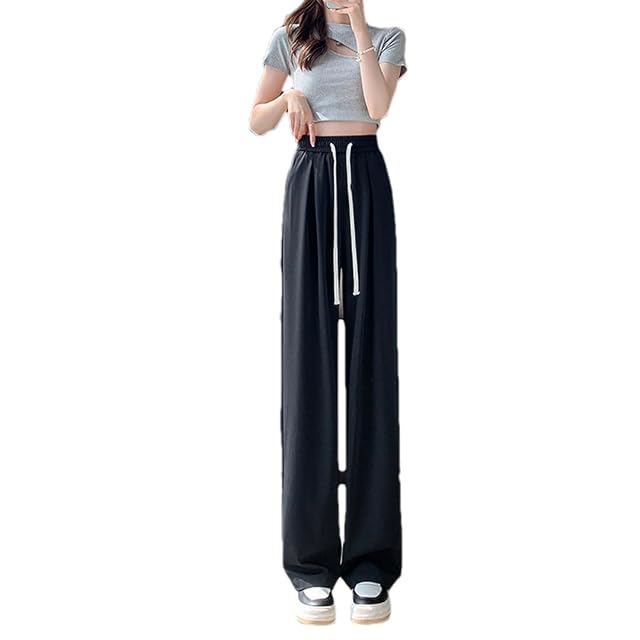 Pulcykp Womens Spring Summer Thin Wide-Leg Pants High-Waisted Gray Straight Ice Silk Pants