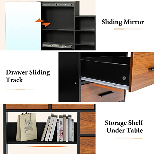 Tiptiper Makeup Table With Nightstand, Vintage Vanity Desk With Sliding Mirror, Vanity Table With 3-Drawer Chest, Vanity Set With Large Drawers And Shelves For Bedroom #TOP5