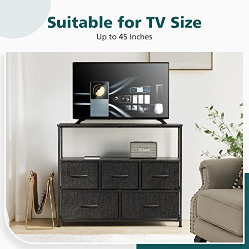 Image of NEWBULIG Dresser,Dresser with 5 Fabric Drawers,Chest of Drawers,Storage Tower, TV Stand Organizer Storage for Bedroom Living Room Hallway, Easy Pull Fabric Bins,Wooden Top, Sturdy Steel Frame,Grey