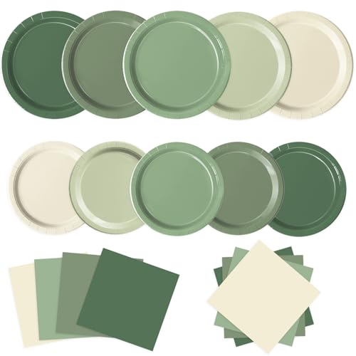Oigco 60 PCS Sage Green Paper Plates Sage Green Birthday Decorations Gradient Plates and Napkins for Birthday Wedding Bridal Baby Shower Party Supplies