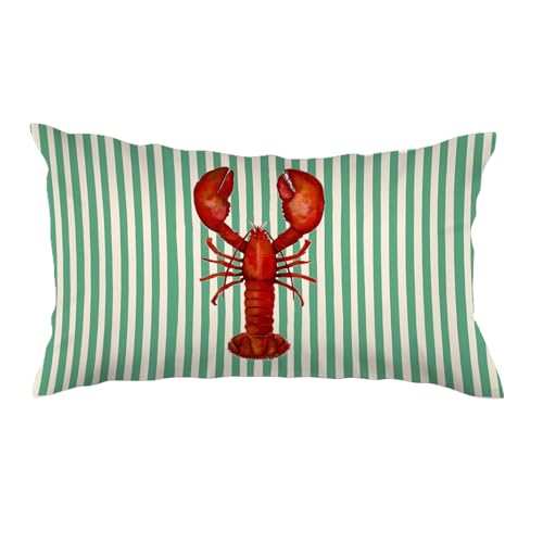 SPBL&L Red Lobster Coastal Beach 12x20 Pillow Cover, Beach Home Room Decor, Tropical Beachy Ocean Green Striped dd Crawfish Lumbar Pillow Covers Cases Decorative for Home Bedroom Living Room