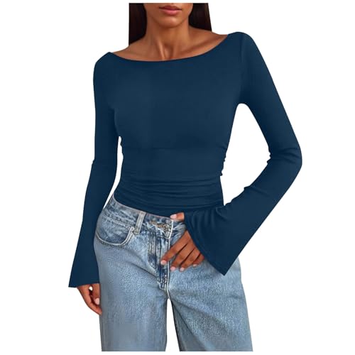 Women's Long Bell Sleeve Shirts 2025 Fall Crop Going Out Tops Dressy Casual Boat Neck Ribbed Knit Ruched Y2K Blouses Navy