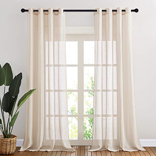 NICETOWN 90 inch Beige Curtains Linen Sheer Faux Flax Window Drapes, Grommet Decorative Keep Privacy Semi Sheer with Light Filtering for Living Room/B
