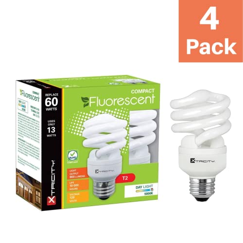 Xtricity Compact Fluorescent Light Bulb T2 Spiral Cfl, 5000K Daylight, 13W (60 Watt Equivalent), 900 Lumens, E26 Medium Base, 120V, Ul Listed (Pack Of 4) #TOP1