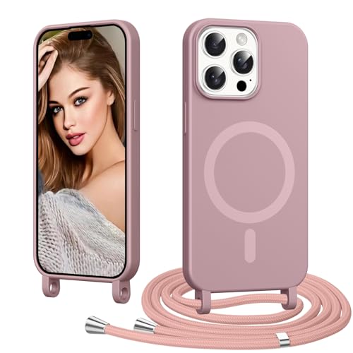 Coiwxmoi Handyband Handyhülle für iPhone 14 Pro Hülle mit Band [Kompatibel mit MagSafe] Magnetisch Necklace Silikon Case mit Verstellbar Abnehmbar Kordel zum Umhängen Stoßfest Schutzhülle Rosa