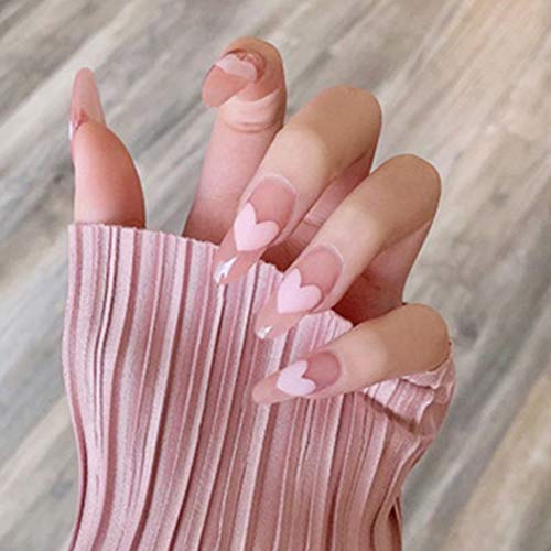 Kakaco Oval Press on Nails Glossy Pink Medium Fake Nails Ombre Ballerina Full Cover Heart False Nails for Women and Girls(pack of 24)