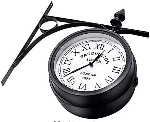 Double Sided Wall Clock, Garden Clocks Outdoor Waterproof Retro Stand Clock Paddington Station Wall Clock Vintage Antique-Look Bracket Indoor, Metallic