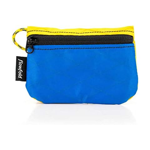 Flowfold Recycled Fabric Mini Zipper Pouch Water Repellent Small Pouch Wallet & Card Pouch for Keys, ID, Coins & AirPods Case Made in USA (Blue/Yellow, Recycled Material) Cover