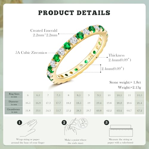 14K Gold Plated/ 925 Sterling Silver Created Emerald/Ruby/Sapphire Stackable Rings for Women 2.4mm Wedding Eternity Band Rings (with Gift Box)3