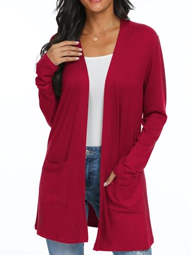 Image of QIXING Womens Cardigans with Pocket Lightweight Long Sleeve Open Front Cardigans for Women UK Elegant Casual Ladies Boyfriends Cardigans for Spring Summer Autumn (Red, L)