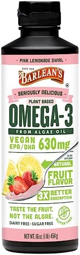 Barlean's Pink Lemonade Vegan Omega 3 Supplement, Liquid Algae Oil with 630 mg EPA & DHA, Plant Based Omegas from Algal Oil, Non-GMO & Gluten Free, 16 oz