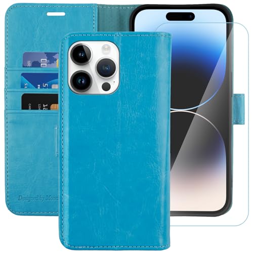 Image of MONASAY Vegan Leather Fit for iPhone 14 Pro Max 5G Wallet Case, 6.7-inch, [Glass Screen Protector Included] [RFID Blocking] Flip Folio Phone Cover with Credit Card Holder,Light Blue
