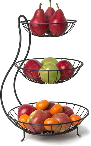 Image of Homeor Counter Top 3-TierFruit & Vegetable Basket For Dining Table, Centre Table I Metal Fruit Bowl or Bread Basket Vegetables Storage Organizer Holder I Multi-Purpose Basket for Kitchen & Home, Black