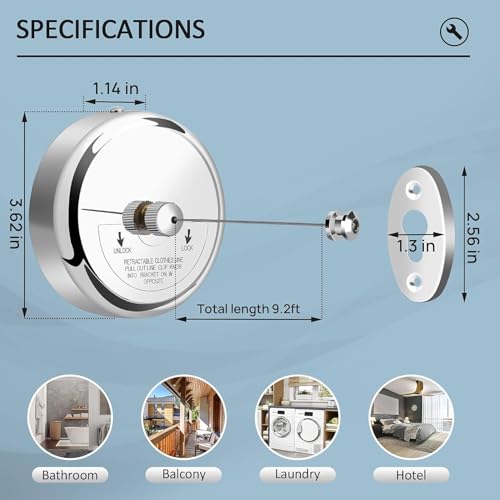 Image of Premium Retractable Stainless Steel Clothesline (Set of 1) - Adjustable & Lockable Wall-Mounted Laundry Drying Rope for Indoor /Balcony & Bathroom - Space-Saving Cloth Drying Wire (Silver)