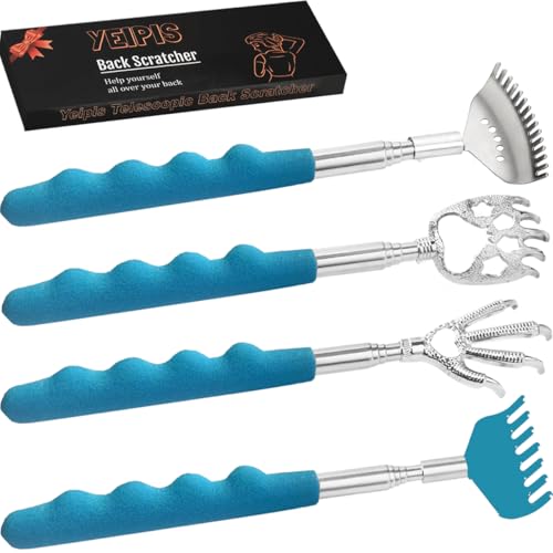 Image of 4 Pack Different Back Scratcher Metal Back Massager Set, Extendable Portable Telescoping with Beautiful Box, Gifts for Men Women Kids Adults Stocking Stuffers (Blue)