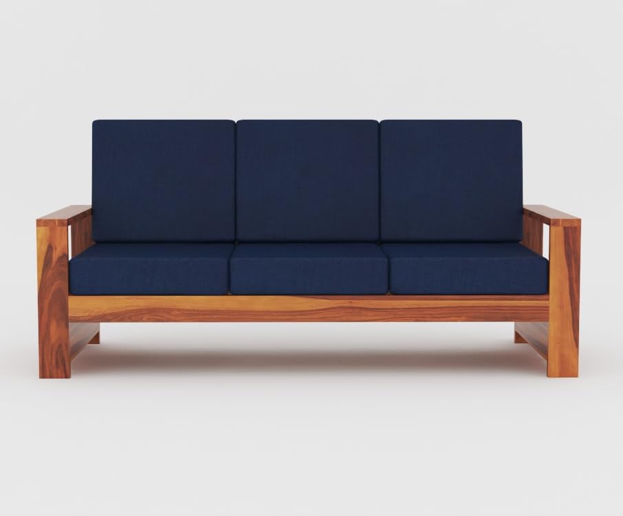 Image of Sheesham Wooden 7 Seater Sofa for Living Room | Rosewood 7 Seater Cushion Sofa with Side Rack | Solid Wood Sofa Set for Lounge (3+2+2,Honey Finish)