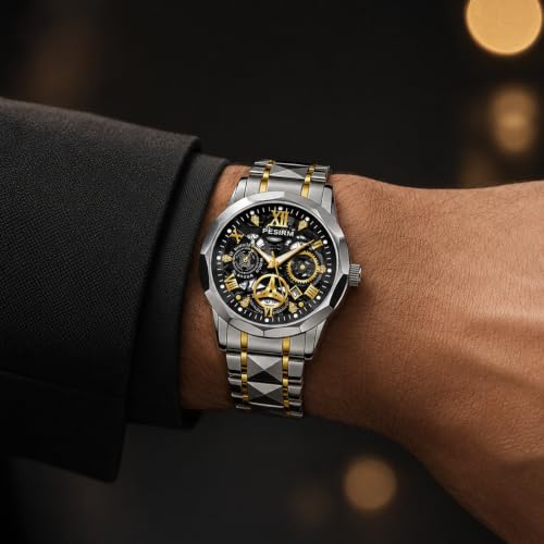 Image of Watch for men,Men's skeletonized quartz watch with black and gold two-tone stainless steel case, analog display, date display, water-resistant, luminous display, men's waterproof quartz watch. (Black dial and silver strap)