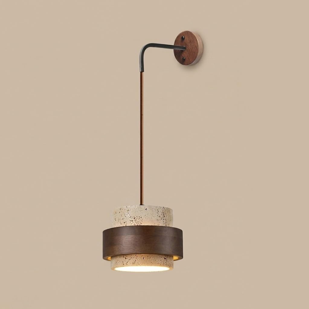 Cosrub Beige Japanese Travertine Wall Sconce, Cylindrical Stone Wall Lamps With Wood Ring Minimalist Wall Lights With Ambient Side Lighting For Living Room Bedside(Beige)